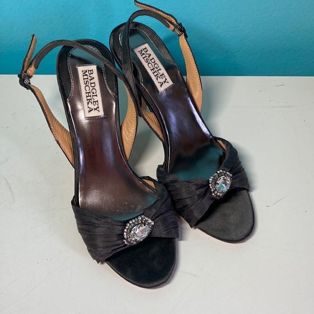 Badgley Mischka Sandals 7 Brown Textile Stiletto Heel Jeweled Peep Toe Strap